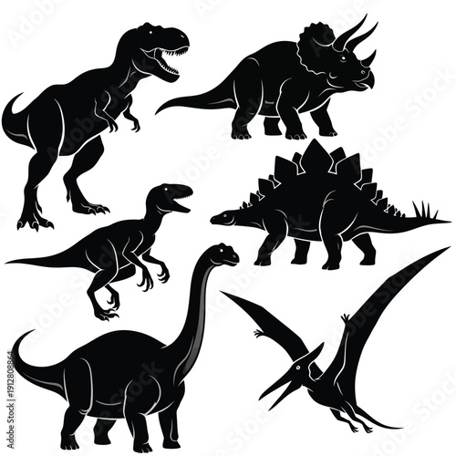 Collection of six black dinosaur silhouettes on white background