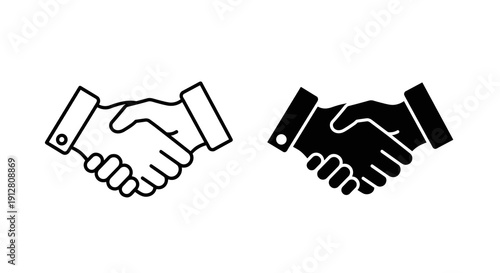 Handshake Icon Set in Black and White, Partnership Agreement Symbol Outline and Solid