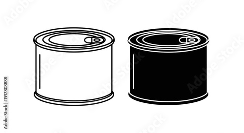Paint Can Icon Set in Black and White, Minimal Open Tin Bucket Outline and Solid