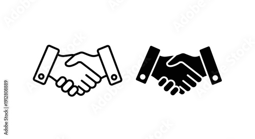 Handshake Icon Set in Black and White, Business Agreement Partnership Symbol Outline and Solid