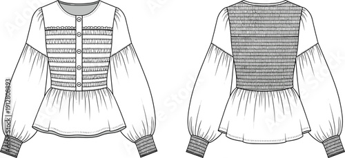 Technical fashion flat sketch of women's smocked bodice peplum blouse with long lantern sleeves button front and elasticated ruffled cuffs