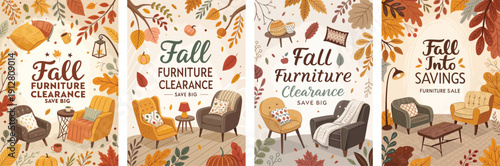Autumn-themed furniture clearance sale banners with warm colors and cozy designs.