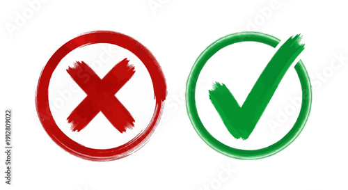 Set of vibrant hand-drawn green checkmark and red cross icons, representing approval, rejection, correct, and incorrect decisions for effective visual communication