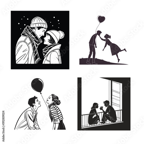 Romantic Couple Illustrations with Balloons Floating in the Air for Proposal, Celebration, Wedding, and Valentine�s Day Themes