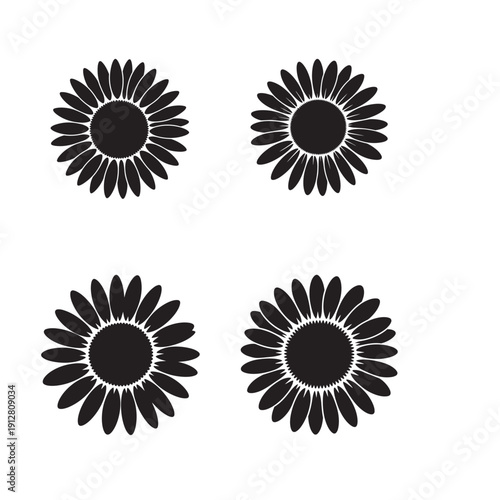 Wild sunflower silhouette vector illustration, bold circular petal shape, botanical style, isolated white background, modern minimal flat vector, black solid fill.