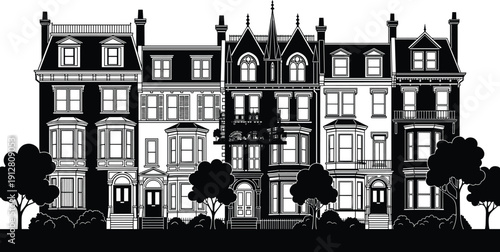 Black and White Monochrome Vector Illustration of Classic Victorian and Georgian Style Terraced Row Houses with Gardens and Trees, Urban Residential Architecture Background Design