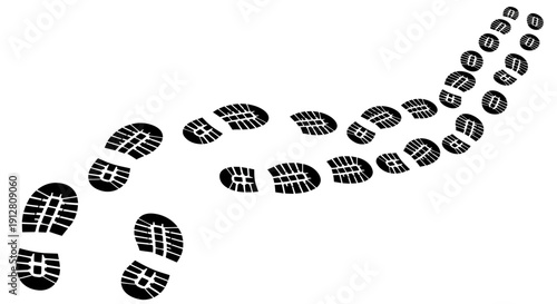 Dynamic black shoe prints creating an winding path across a pristine white background, illustrating concepts of journey, progress, and directional movement
