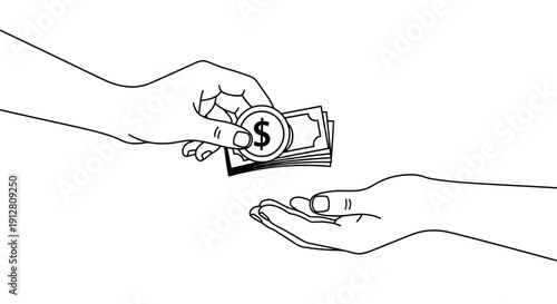 Hand Giving Cash and Coin to Another Hand Line Art.