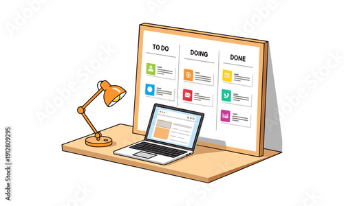 Project Management Workspace with Laptop and Task Kanban Board
