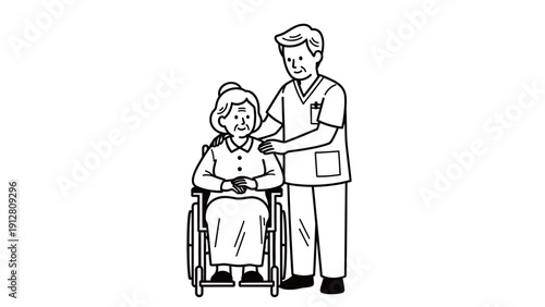 Caregiver Assisting Elderly Woman in Wheelchair Line Art.