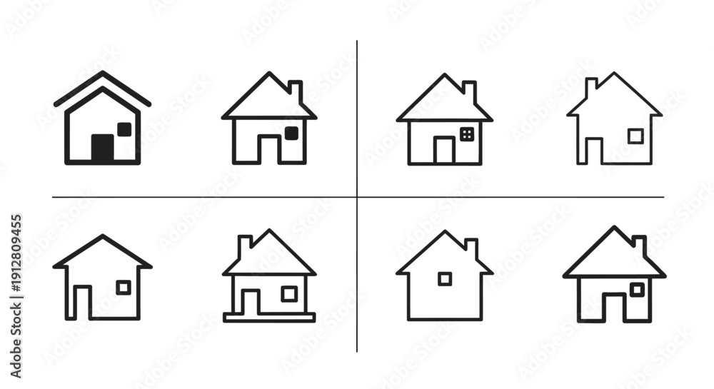 Fototapeta premium Set of Simple House Icons, Minimalist Home Symbols, Outline Building Graphics