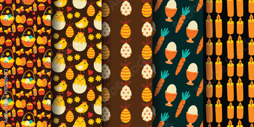 Colorful Easter-themed patterns featuring eggs, chicks, and festive elements in vibrant hues.