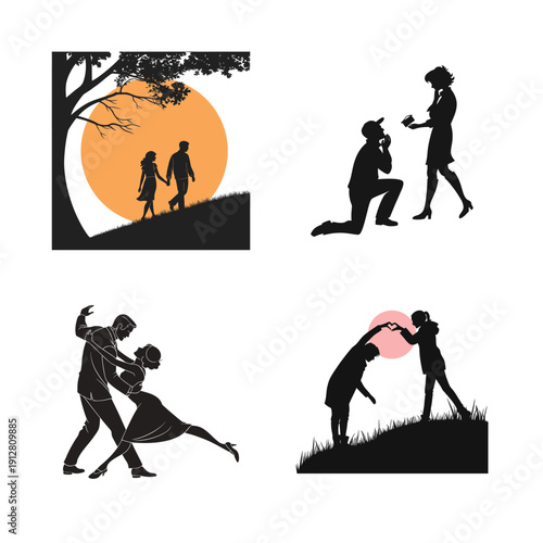 Silhouette Couple Scenes in Nature with Lakeside Walks, Hilltops, and Scenic Landscapes for Romance and Adventure Concepts