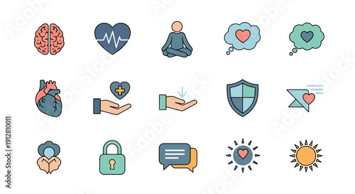 Mental Health and Wellness Flat Icon Set.