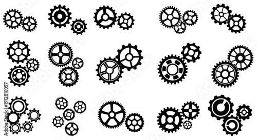 Collection of Black Gears and Cogs Icons, Mechanical Engineering Elements