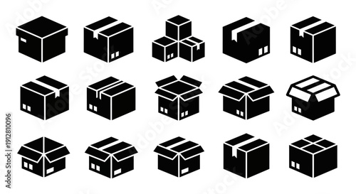 Set of Black Cardboard Box Icons: Delivery, Shipping, Storage, Packaging, Logistics