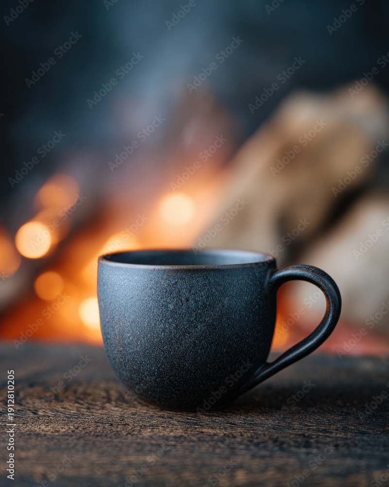 Fototapeta premium Cozy black mug with hot beverage by a warm fireplace ambiance