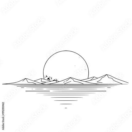 Mountain range landscape with sunset vector illustration line art minimalist simple