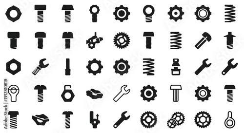 Industrial Hardware Icons: Bolts, Nuts, Gears, Springs, Wrenches, and Tools