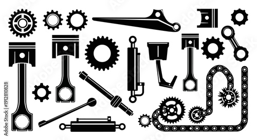 Mechanical Engineering Components: Pistons, Gears, Cylinders, and Chains - Black and White Icons
