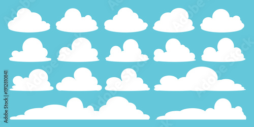 set of vector illustrations of clumpy clouds, cloud bubbles in flat style on a blue background	