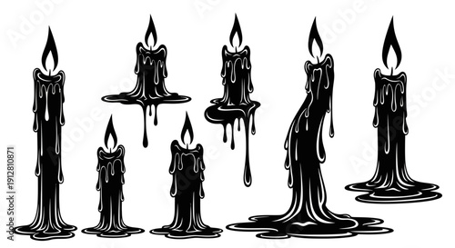 Black Dripping Candles Set, Melting Wax, Halloween, Gothic Style, Isolated on White
