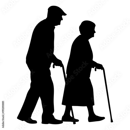 Elderly couple walking with canes, assisted mobility aging concept silhouette isolated on white