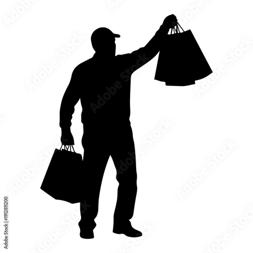 Senior male shopper carrying retail bags after discount sale, consumer spending silhouette isolated on white