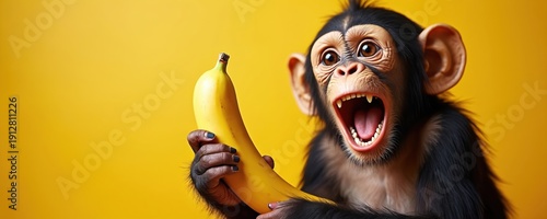 Young chimpanzee holds banana. Monkey opens mouth wide in surprise and excitement. Animal looks curious and happy on yellow background. Bright primate portrait with fruit.