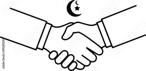 Handshake icon with Islamic crescent moon and star symbol above, representing agreement, partnership, peace, or Muslim community relations, black and white line art