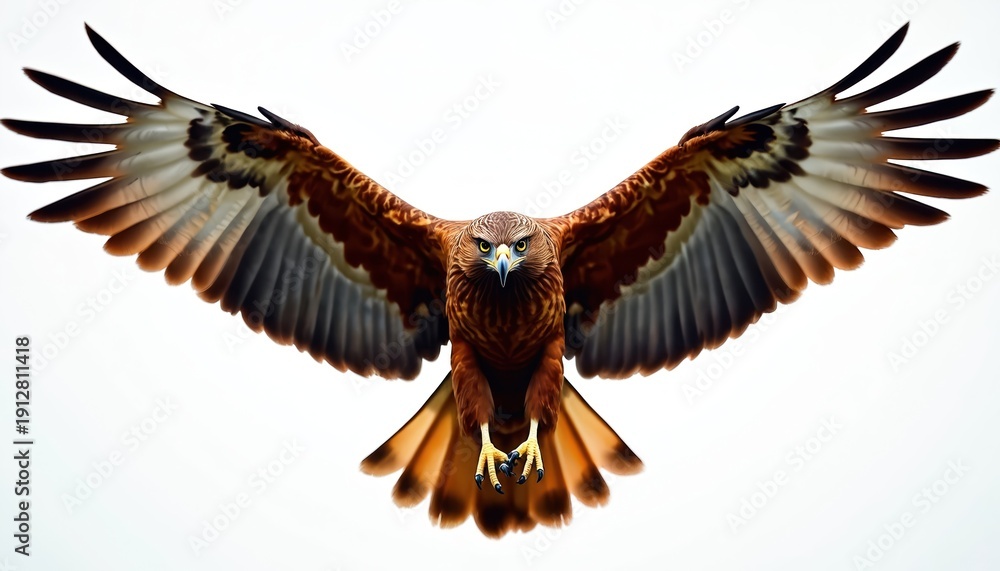 Obraz premium Brown eagle bird with spread wings flying forward. Predatory bird with sharp beak and claws in clear white sky. Majestic raptor hunting, freedom symbol.