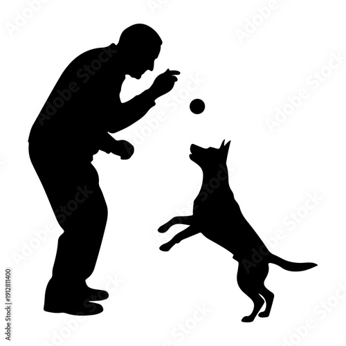 Senior man training energetic dog at home, pet companionship lifestyle silhouette isolated on white