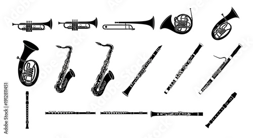 Collection of Musical Instruments Silhouettes: Brass and Woodwind Instruments