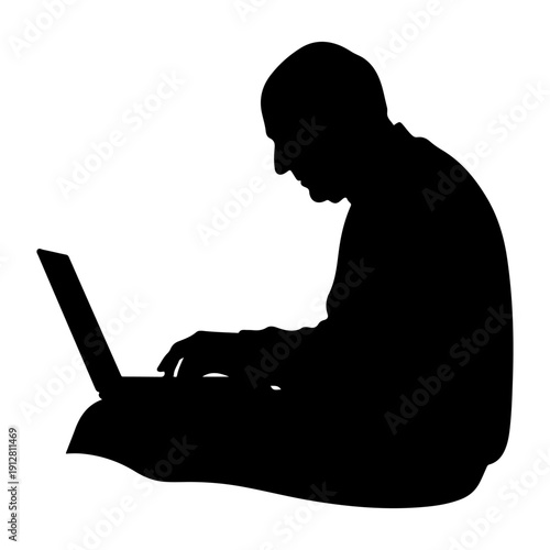 Senior man working remotely on laptop, home office lifestyle silhouette isolated on white background