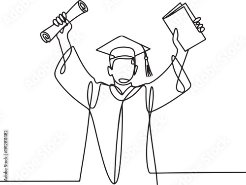 a graduate raising a diploma and holding a book. Academic success, pride, and achievement concept.one line victor illustration in white Background