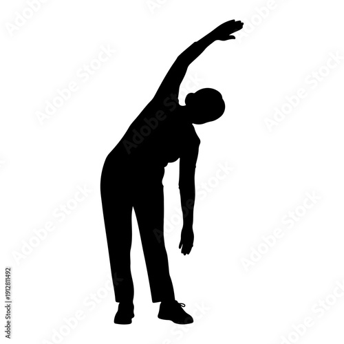 Senior performing morning stretching exercise, healthy aging mobility concept silhouette isolated on white