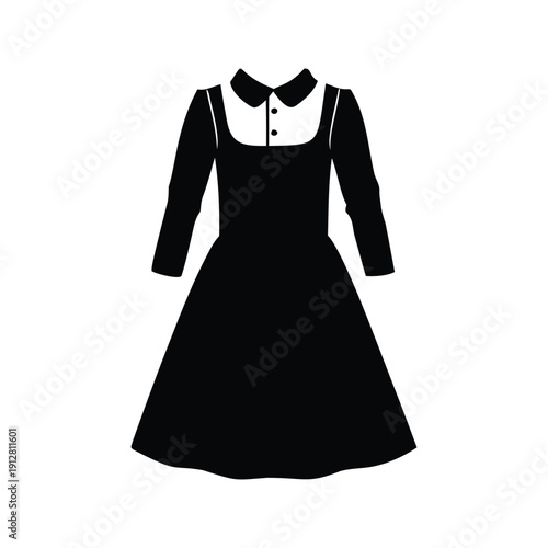 Elegant woman wearing a black dress with white collar and puffy sleeves silhouette vector illustration, corduroy dress silhouette vector illustration