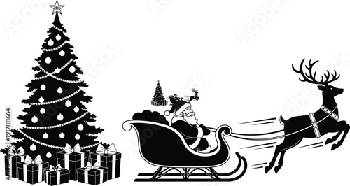 Black silhouette of Santa Claus flying in a sleigh pulled by a reindeer, isolated vector illustration next to decorated Christmas tree and gifts for