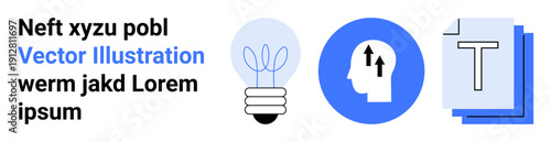 Innovation, creativity, personal growth, content creation, intellectual progress, light bulb ideas. Graphics include a light bulb, human head with arrows and text documents. Innovation