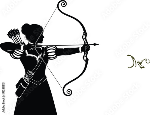 Black Silhouette of Female Archer Aiming Bow and Arrow, Woman in Historical Dress with Quiver, Medieval Hunting or Sports Archery Vector Illustration Isolated on White Background.