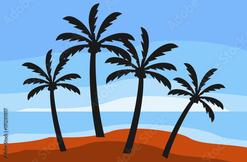 silhouette of coconut tree in flat style. illustration of palm tree in flat style. summer background. summer theme scenery	