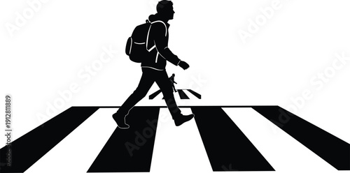Black silhouette of young man with backpack confidently walking across a white striped crosswalk, isolated on white background, urban street safety.