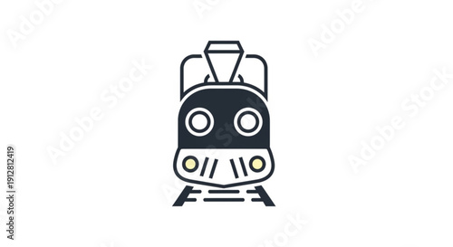 Train front view with headlights on railway tracks simple line art style icon