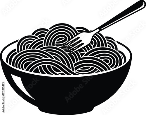 Bowl of spaghetti or noodles with fork, swirled pasta silhouette icon, Italian food graphic design, black and white vector illustration, eating, dinner, cuisine