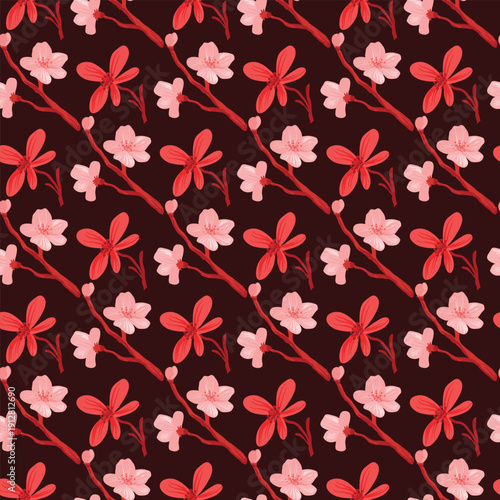 Colorful floral pattern featuring pink and red blossoms against a rich dark background.