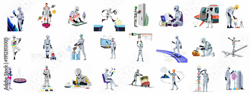 Diverse vector illustrations of humanoid aliens and robots performing complex scientific, technological, and exploratory tasks in a futuristic setting.