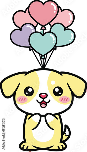 Kawaii yellow puppy holding pastel heart balloons cute