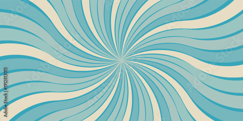 Retro vintage spiral wavy sun rays, blue background pattern, radial spiral stripes, comic ray stripes, grunge texture, circus, carnival, summer background, vector illustration.