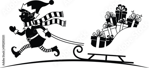 Christmas Elf Pulling Sleigh Loaded with Gifts Silhouette Vector, Santa's Helper Delivering Presents, Winter Holiday Fun, Festive Season, Isolated Illustration.
