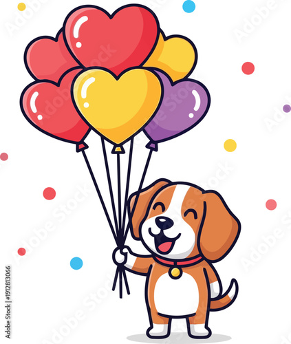 Happy cartoon dog holding red yellow purple heart balloons